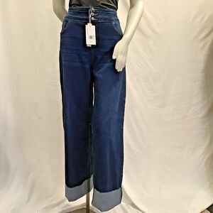 Roswear Womens Button Fly Denim Wide-Leg Jeans High Rise Pockets Size L Blue